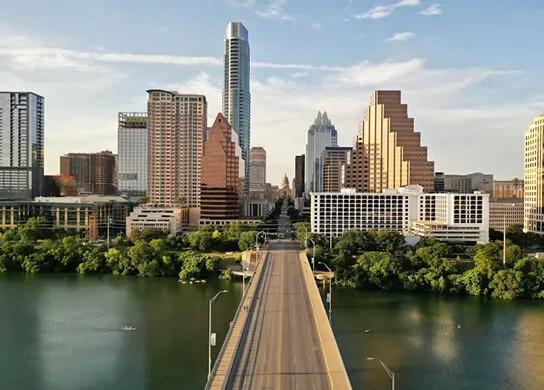 Aerial view of the Austin skyline and Lady Bird Lake