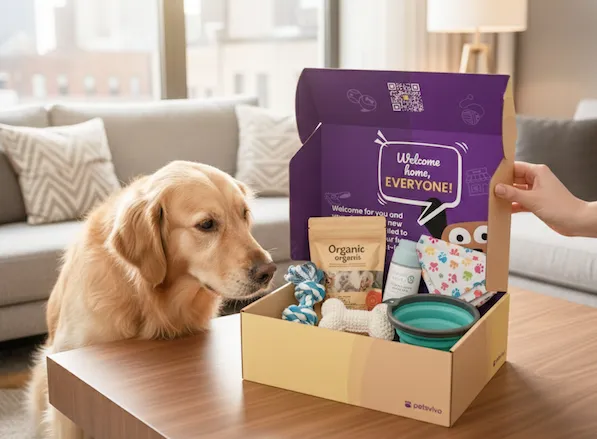 A golden retriever sniffing an open PetsVivo welcome box on a coffee table in a bright room