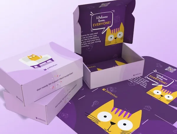PetsVivo PetBox welcome boxes, printed with a friendly cat and Welcome home, everyone!